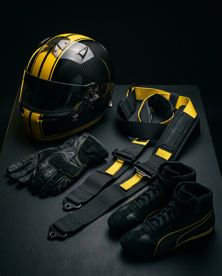 Helmet, harness, gloves and driving shoes laid out, representative of SportAuto's track-day equipment
